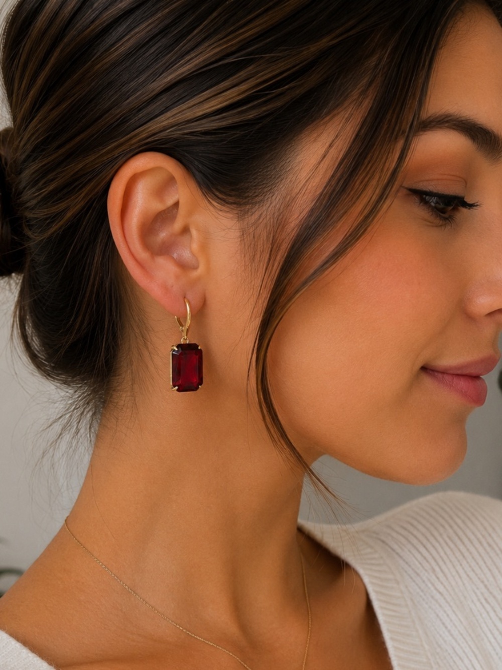 Lauren Ralph Lauren Red Emerald Cut Drop Earrings Gold Tone Crystal Glam